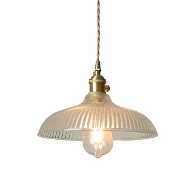 Industrial Single-Bulb Bowl Pendant Light Ribbed Clear Glass Dining Table Hanging Light