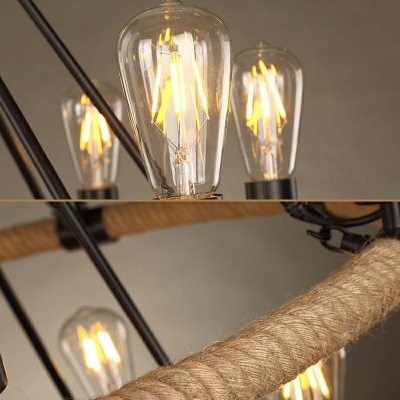 Open Bulb Design Suspension Lighting Loft Hemp Rope Round Chandelier for Country Bar