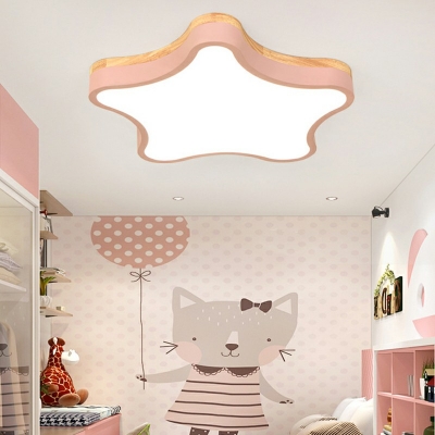 Star Shaped Wooden LED Flushmount Macaron Flush Mount Ceiling Light Fixture with Arcylic Shade for Kids Room