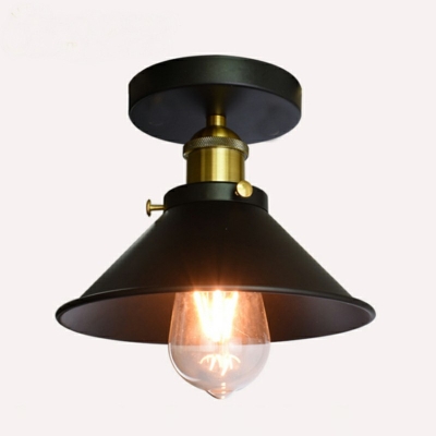 1 Light Metal Semi Flush Mount Industrial Black Cone Shaped Ceiling Lighting
