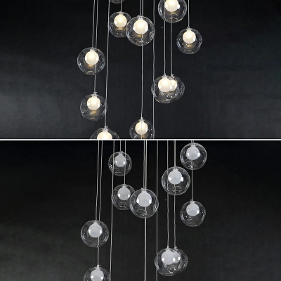 15-Bulb Cluster Globe Pendant Stairway Drop Lamp with Clear and Frosted Glass Shade