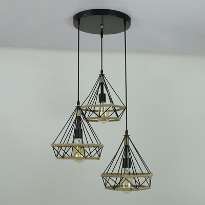 3-Light Metal Cage Shade Island Light Industrial Style Suspension Lamp for Coffee Shop Bar