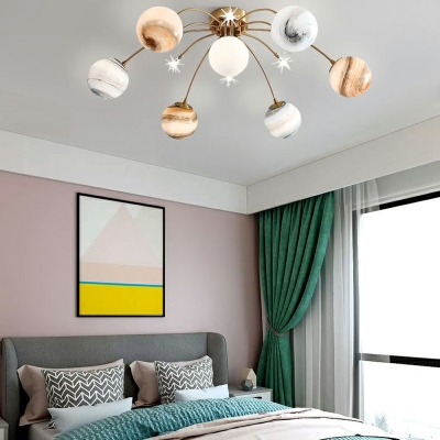 Arc Semi Flush Mount Chandelier Nordic Glass Bedroom Ceiling Light in Multi Color