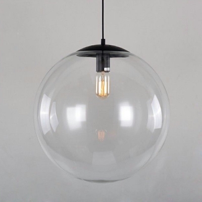 Black Cord Minimalist Living Room Pendant Clear Glass Globe 1-Head Hanging Lamp