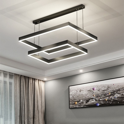 Contemporary Black Acrylic Square Chandelier 2-Tier Suspension Pendant Light for Living Room