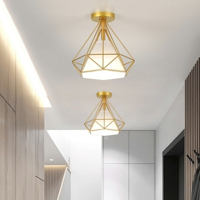 Diamond Cage Iron Ceiling Mount Light Loft Style 1-Head Bathroom Semi Flush Mount with White Fabric Shade