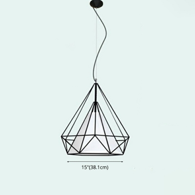 Diamond Form Black Pendant Industrial Living Room Iron Cage with White Fabric Shade Hanging Lamp