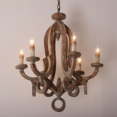 French Country Candle Style Drop Lamp Wooden Hanging Chandelier in Beige for Living Room