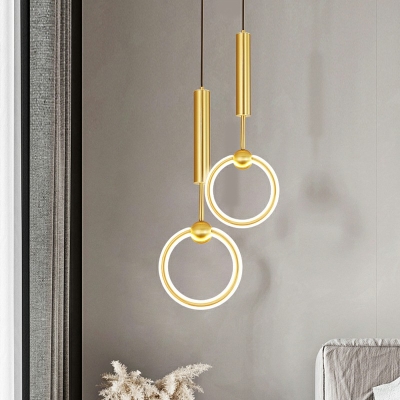 Golden Metal Ring LED Pendant Postmodern Bedroom Hanging Lamp with Silica Gel Shade