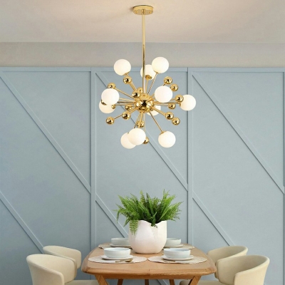Metal Glass Orb Dining Room Hanging Lamp in Electroplated Gold Burst Shaped Chandelier