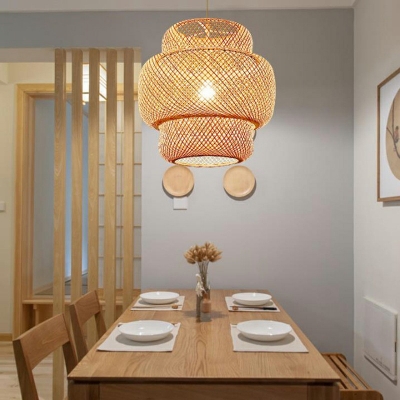 Modern Tiered Bamboo Pendant Lamp 1 Light Asian Style Hanging Light Fixture in Beige