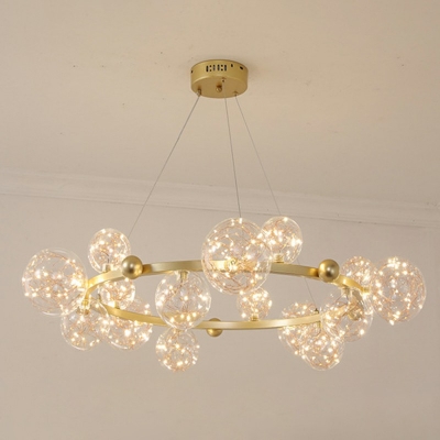Modernist LED Light Strings Chandelier Transparent Glass Orb Metal Lighting Fixture for Living Room