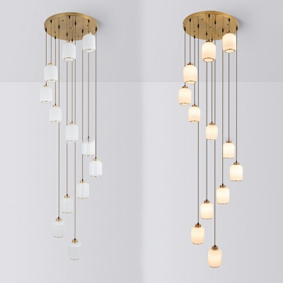 Prismatic Glass Cylindrical Pendant Lamp Modernism Brass Multiple Hanging Light for Stairway