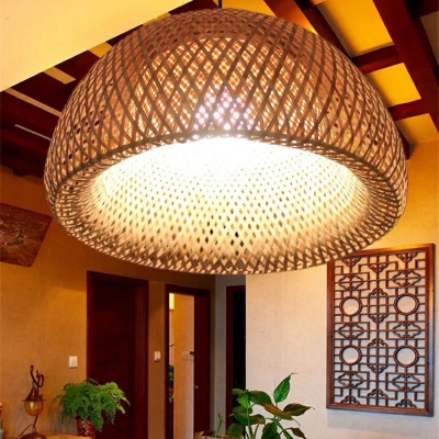 Single-Bulb Hanging Light with Dome Bamboo Shade Indoor Pendant Light for Tea Room