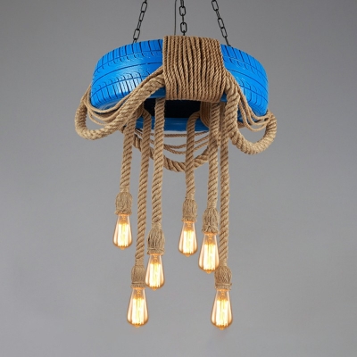 Tyre Pendant Chandelier 6 Heads Farmhouse Lighting  Natural Rope for Bedroom