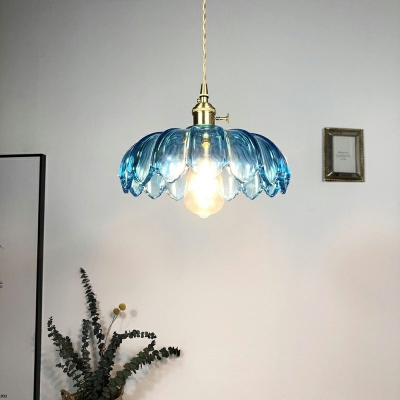 Vintage Scalloped Hanging Light with Textured Glass Shade Single Light 10 Inchs Wide Pendant Lamp