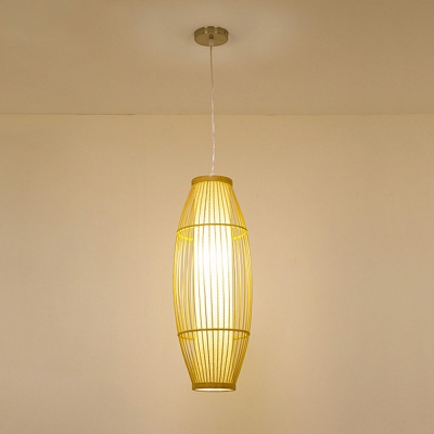 1-Light Hanging Lamp Wood Pendant Lighting Fixture with Bamboo Cylindrical Rugby Shade in Wood