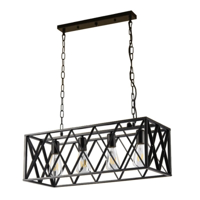 4-Heads Black Industrial Style Wrought Iron Cage Island Light Rectangular Shape for Coffee Shop