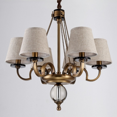 Cottage Chandelier Lighting Fixtures White Fabric Shade with 6 Heads in Gold