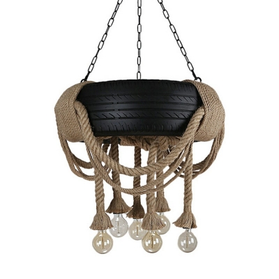 Exposed Bulb Rope Chandelier Lighting Farmhouse 6 Bulbs Restaurant Pendant Lamp in Black with Tyre Deco