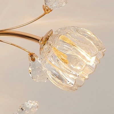 Golden Semi Flush Chandelier Modern Folwer Shade Clear Crystal Rectangle Flush Ceiling Light