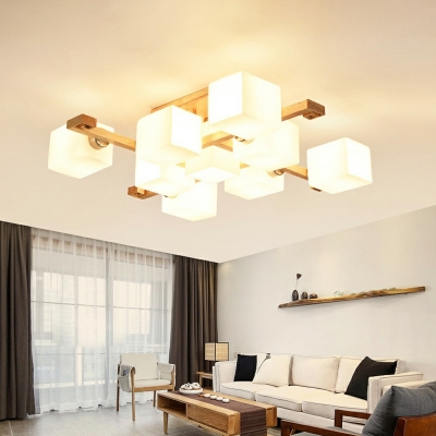 Modern Ceiling Light Glass Shade Wooden Ceiling Mount Semi Flush Mount for Bedroom Study Room
