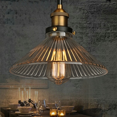Single Head Ribbed Glass Pendant Lamp with Brass Lamp Holder Umbrella Shape Hanging for Living Room