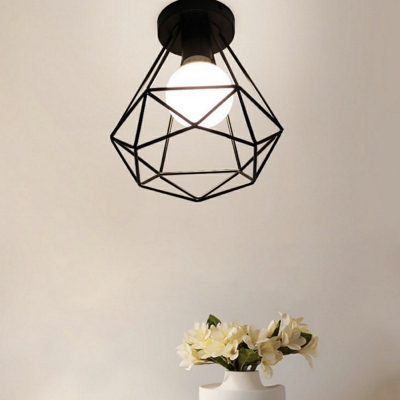 Wrought Iron Wire Cage Semi Flush Mount Industrial Vintage 1 Light Black LED Ceiling Light