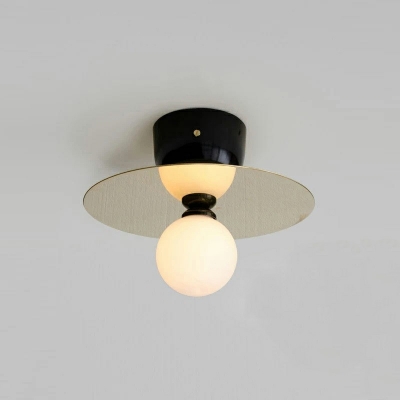 1-Bulb Metal Round Piece Design Minimalism Ceiling Light White Glass Globe Shade for Corridor Aisle
