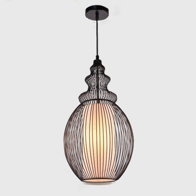 1-Light Retro Wire Cage Hanging Light Iron Pendant Lighting in Black with Fabric Shade