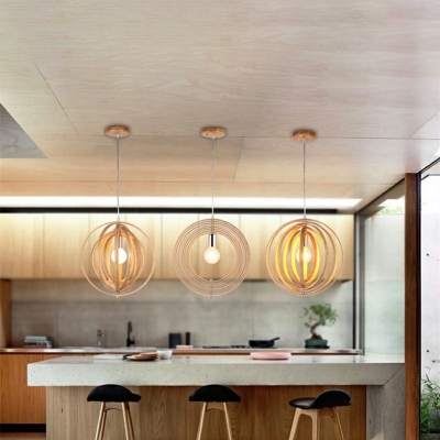 1-Light Wooden Circular Hanging Light Fixture Beige Suspension Pendant for Dinning Room