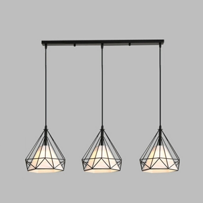 Diamond Form Pendant Industrial Living Room Iron Cage Hanging Lamp with Fabric Shade