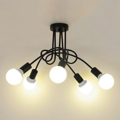 Industrial Semi Flush Mount Ceiling Light in Wrought Iron Edison Bulb Style 5 Lights 27.5