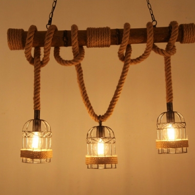 Iron Wire Cage Shade Solid Wooden Island Pendant 3-Bulb Retro Industrial Style Hemp Rope Restaurant Ceiling Hang Light in Beige
