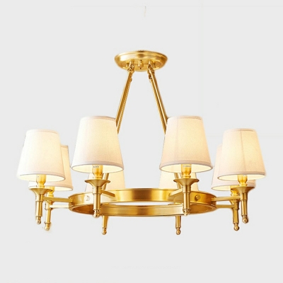 Mid-Century Gold Metal Round Pendant Light White Burlap Shade Bedroom Chandelier Lighting