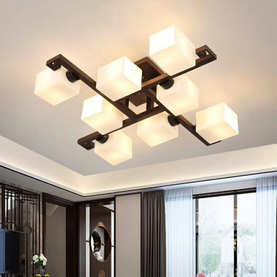 Rectangle Glass Shade Modern Natural Wood Semi Flush Mount Light for Living Room