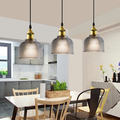 Ribbed Glass Modern Living Room Pendant Bowl Shade 1-Bulb Suspension Lighting