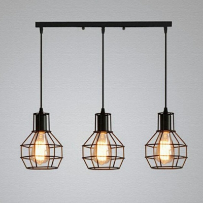 Vintage Industrial Style 3-Light Cage LED Multi Light Pendant Light in Black Finish for Restaurant