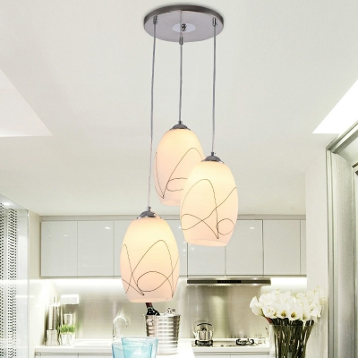3 Lights Elliptical Cluster Pendant Light Contemporary White Glass Hanging Lamp for Bedroom