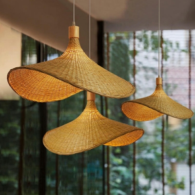 Bamboo Pendant Chandelier Asian Wood Rattan Art Hanging Light for Dining Room