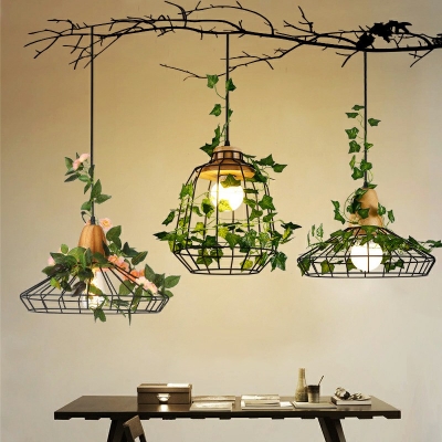 Farmhouse Cage Hanging Pendant Single Lights Iron Chandelier with Fake Vine