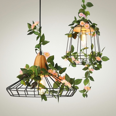 Farmhouse Cage Hanging Pendant Single Lights Iron Chandelier with Fake Vine