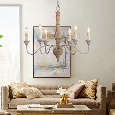 French Country Candle Style Drop Lamp 6 Bulbs Wooden Hanging Chandelier for Living Room