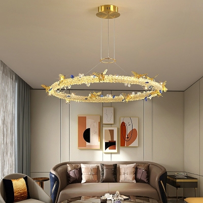Golden Living Room Chandelier Round Multi Layer Chandelier Pendant Light in Stepless Dimming Light with Crystal