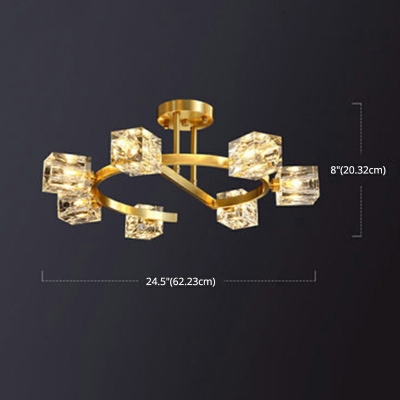 Golden Semi Flush Chandelier Modern Clear Crystal Rectangle Flush Ceiling Light