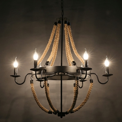 Industrial Large Chandelier with Rope Metal Shade in Black Hemp Rope Ceiling Suspension Lamp with 23.5 Inchs Height Adjustable Chain