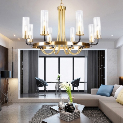 Mid-Century Style Metal Circular Pendant Light Cylinder Clear Glass Bedroom Chandelier Lighting in Gold