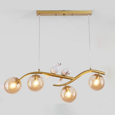 Sphere Kitchen Suspension Light Glass 4 Head Postmodern Island Lamp with Bird and Branch Decor