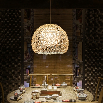 Traditional Asian Pendant Circle Ceiling Mount Beige 1 Light Bamboo Lantern Shade Single Pendant for Restaurant