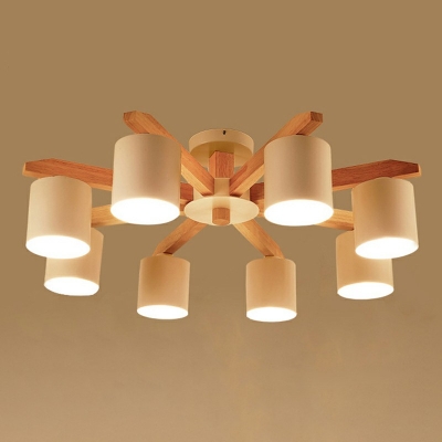 White Iron Cylindrical Shade Traditional Ceiling Light Wooden Ceiling Mount Semi Flush Light for Bedroom